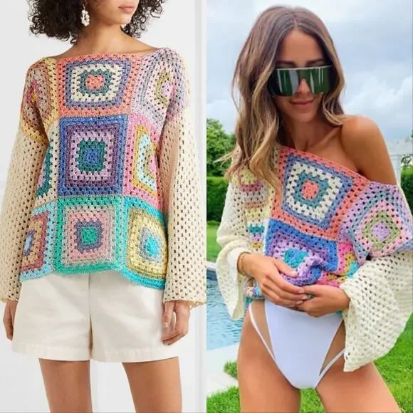 Rose Carmine Patchwork Crochet Metallic Pullover Sweater Multi - Picture 1 of 4